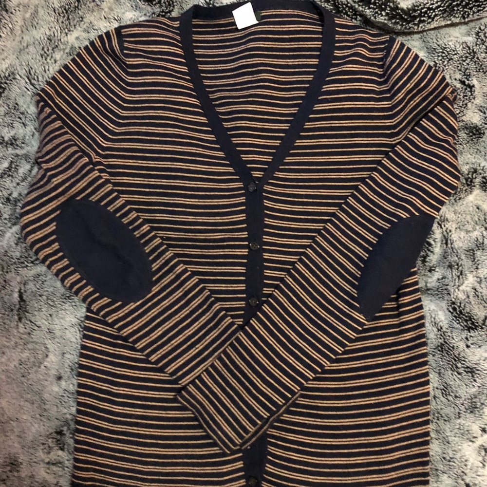 EUC JCrew cotton-wool blend navy & yellow stripe cardigan